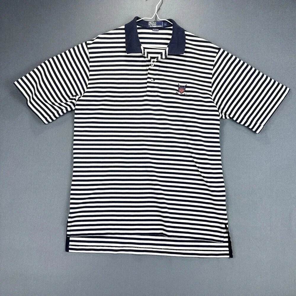 Ralph Lauren Polo Shirt Mens Large Navy Striped Shield Short Sleeve Fine Cotton